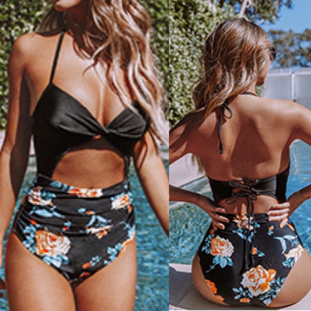 Floral print cutout swimsuit